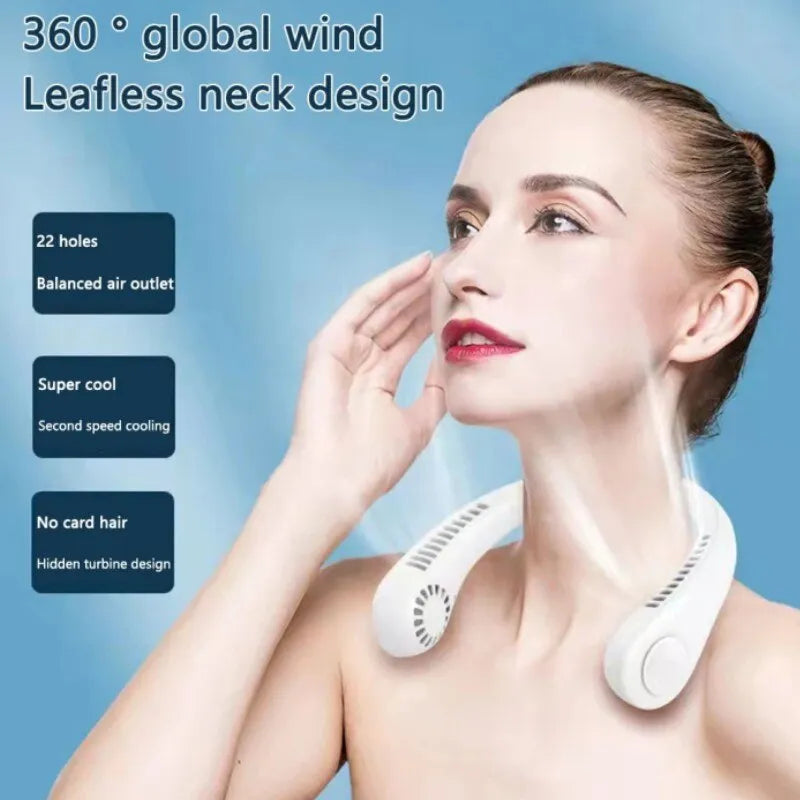 Portable Bladeless Neck Fan – 360° USB Rechargeable Hanging Neck Cooling Fan for Travel & Summer
