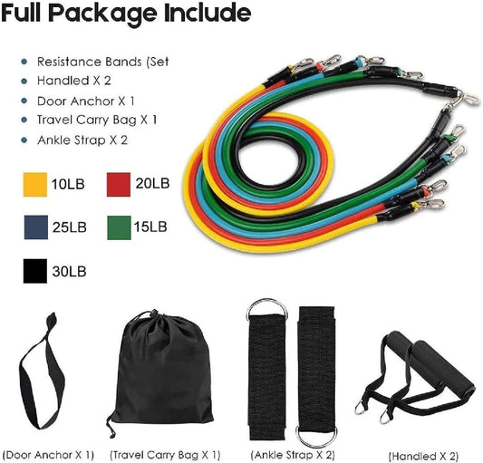 11 Piece Resistance Band Set – Strength Training, Yoga & Home Gym Fitness Bands for Men & Women