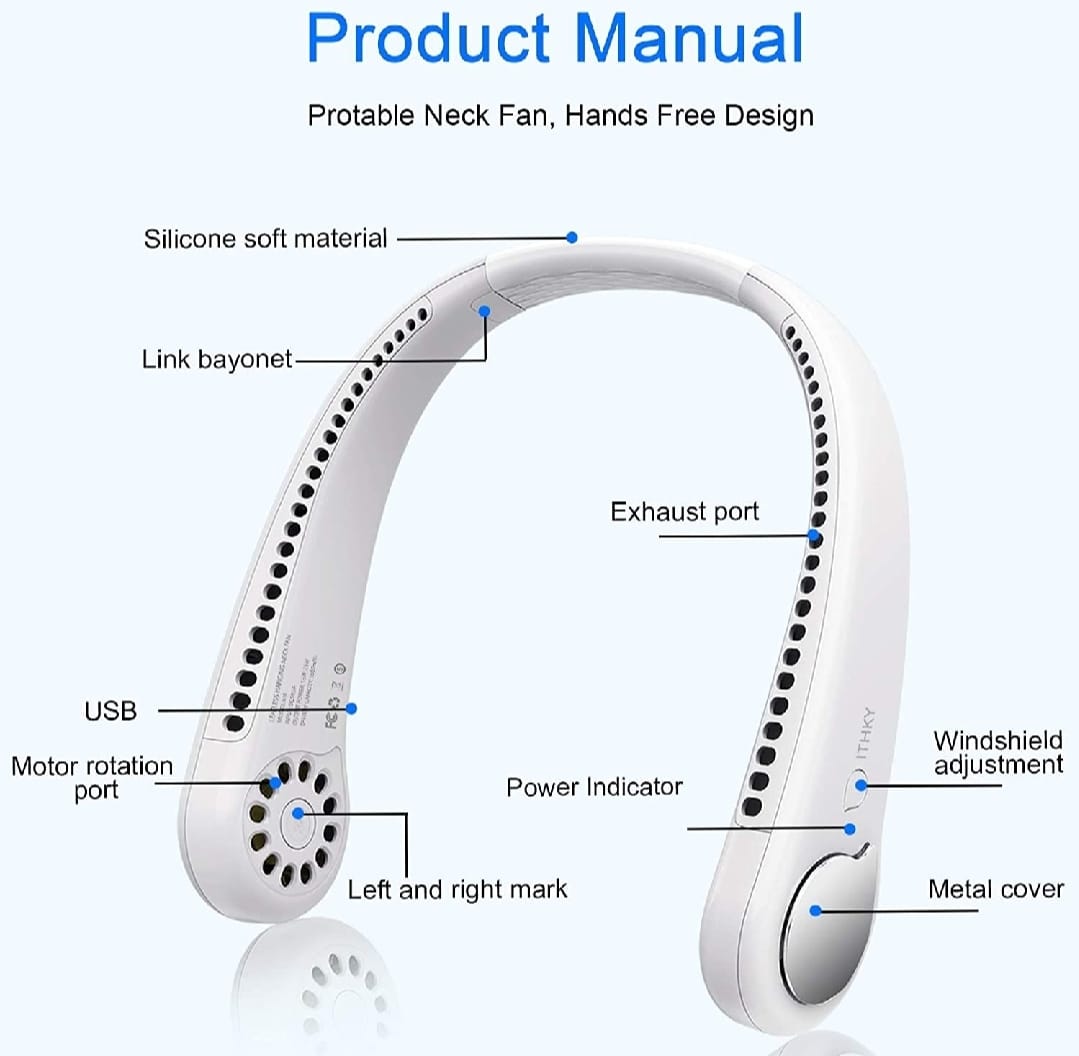 Portable Bladeless Neck Fan – 360° USB Rechargeable Hanging Neck Cooling Fan for Travel & Summer
