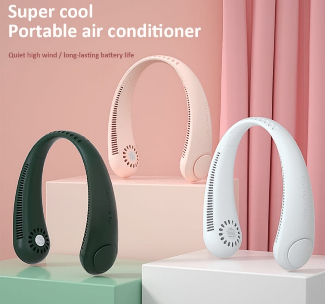 Portable Bladeless Neck Fan – 360° USB Rechargeable Hanging Neck Cooling Fan for Travel & Summer