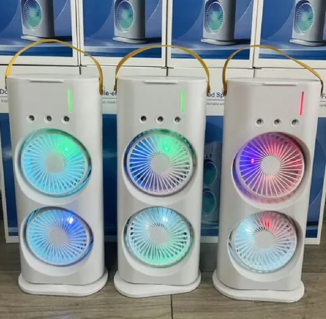 Double-Ended Spray Mist Fan – Dual Head USB Desktop Air Cooler with 90° Rotation, RGB Lights & Water Spray Cooling (16 Inch)